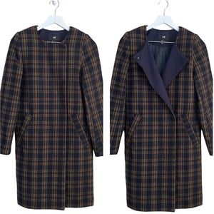 H&M Dark Navy‎ and Tan Classic Plaid Snap Closure Fully Lined Wool Jacket Size 4